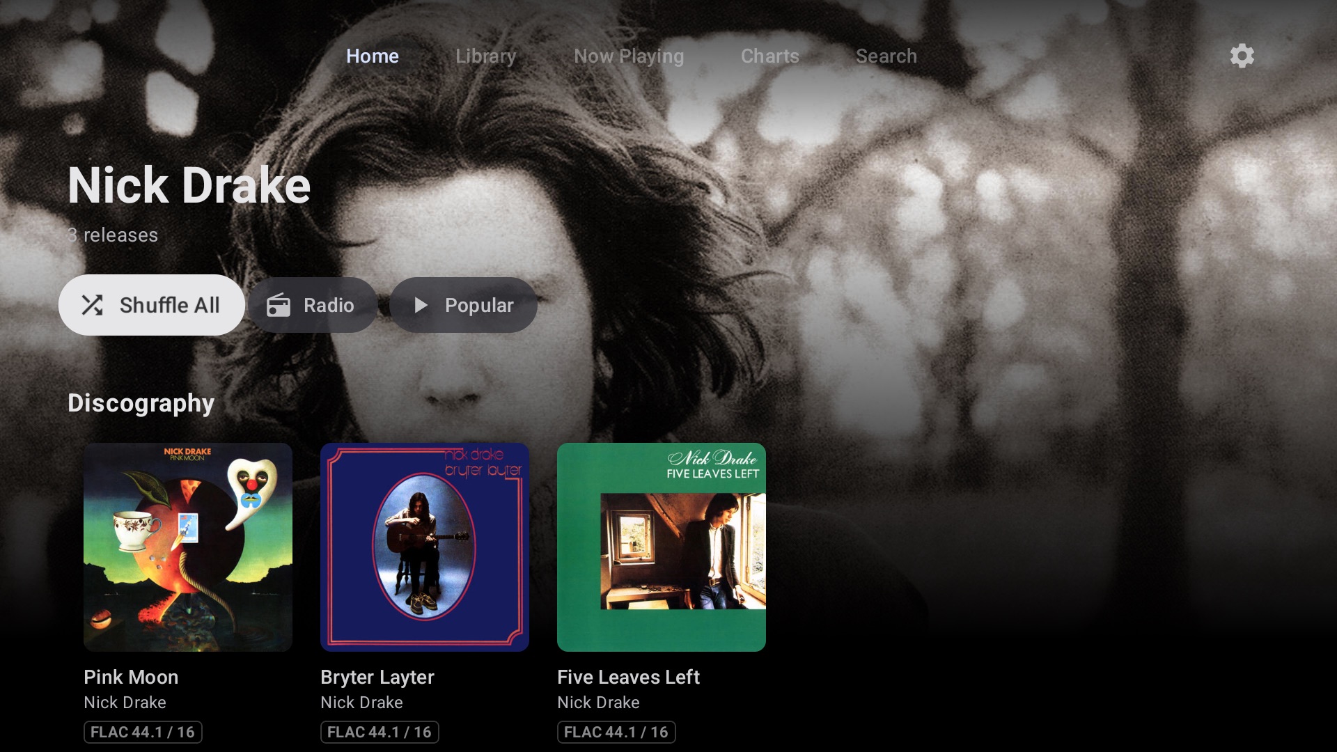 Artist page for Nick Drake with Shuffle All, Radio, and a discography grid