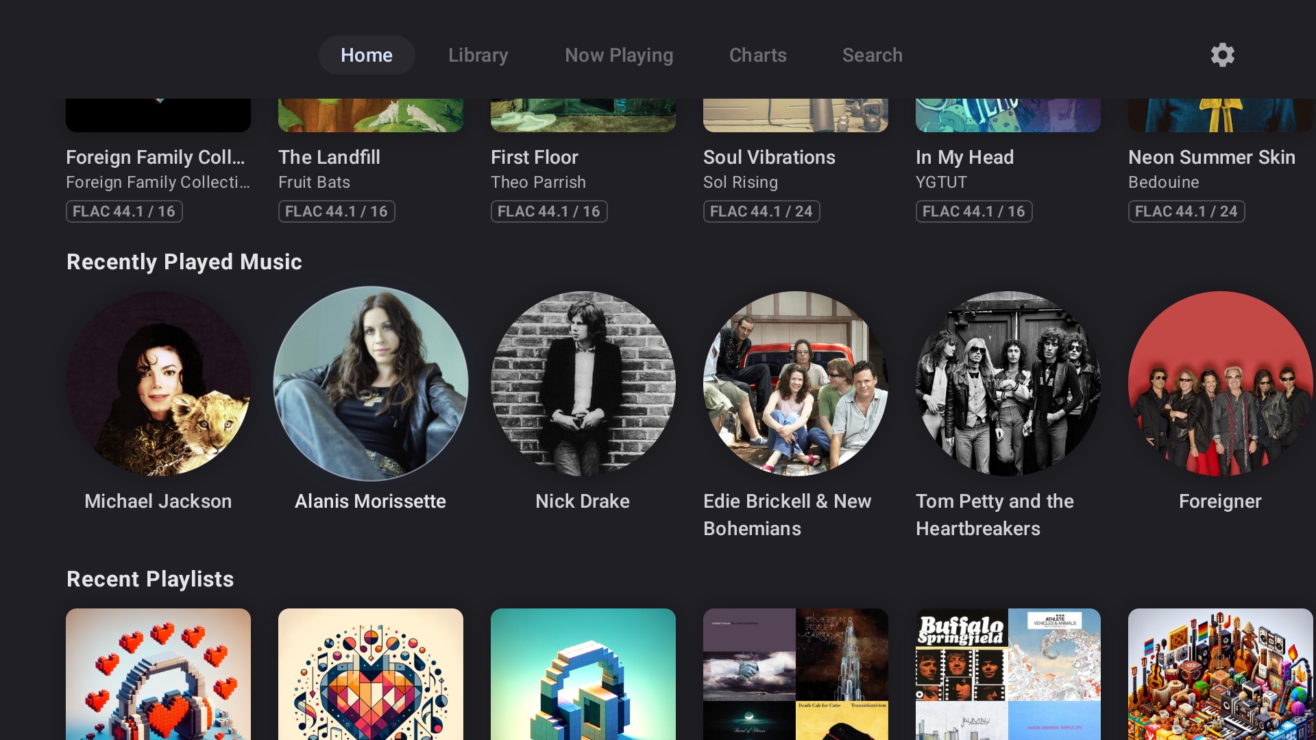 Caldera Music home screen on Android TV with Recently Played artists and playlists