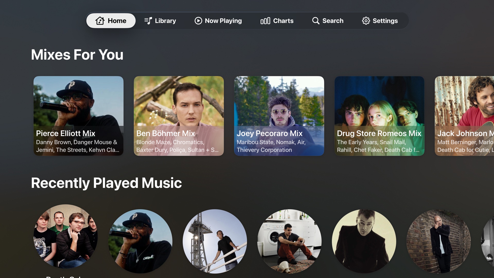 Caldera Music home screen on Apple TV with Mixes For You and Recently Played carousels