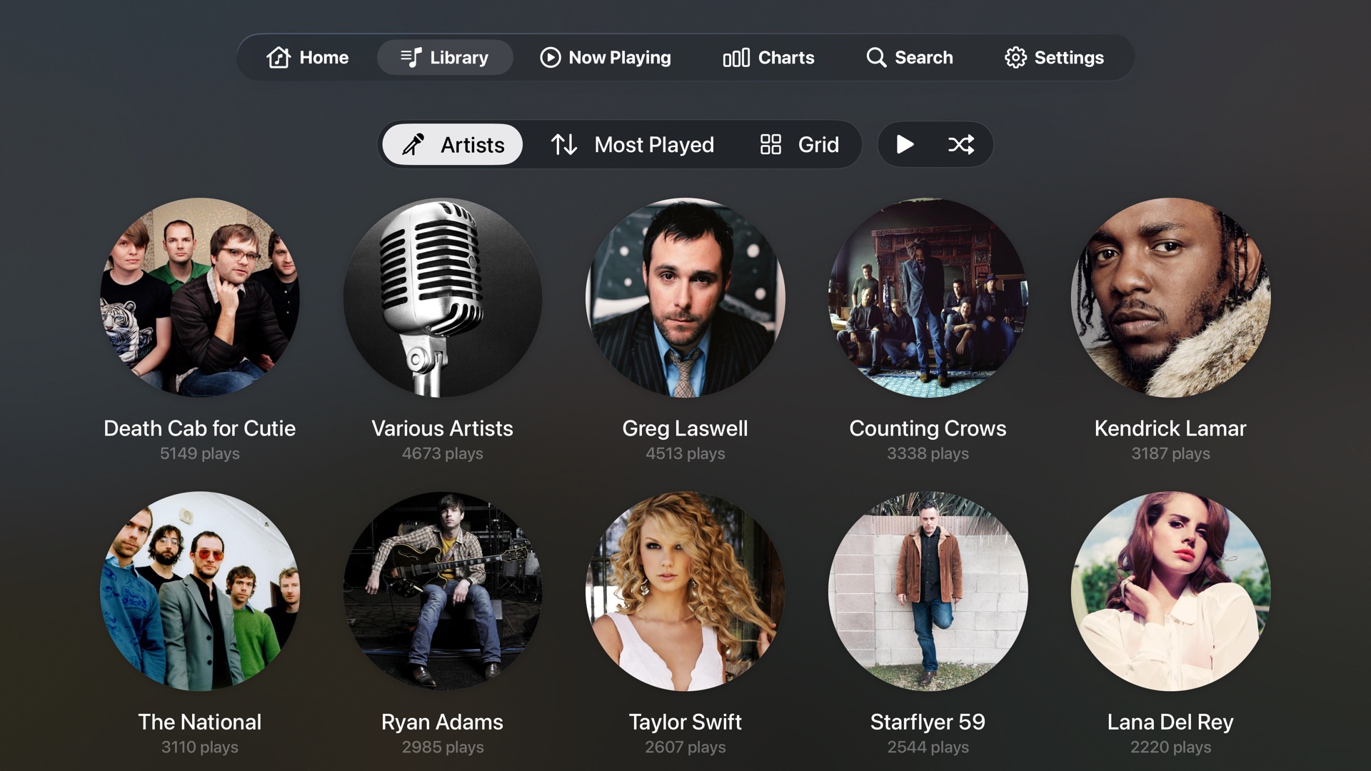 Library tab showing top artists sorted by play count