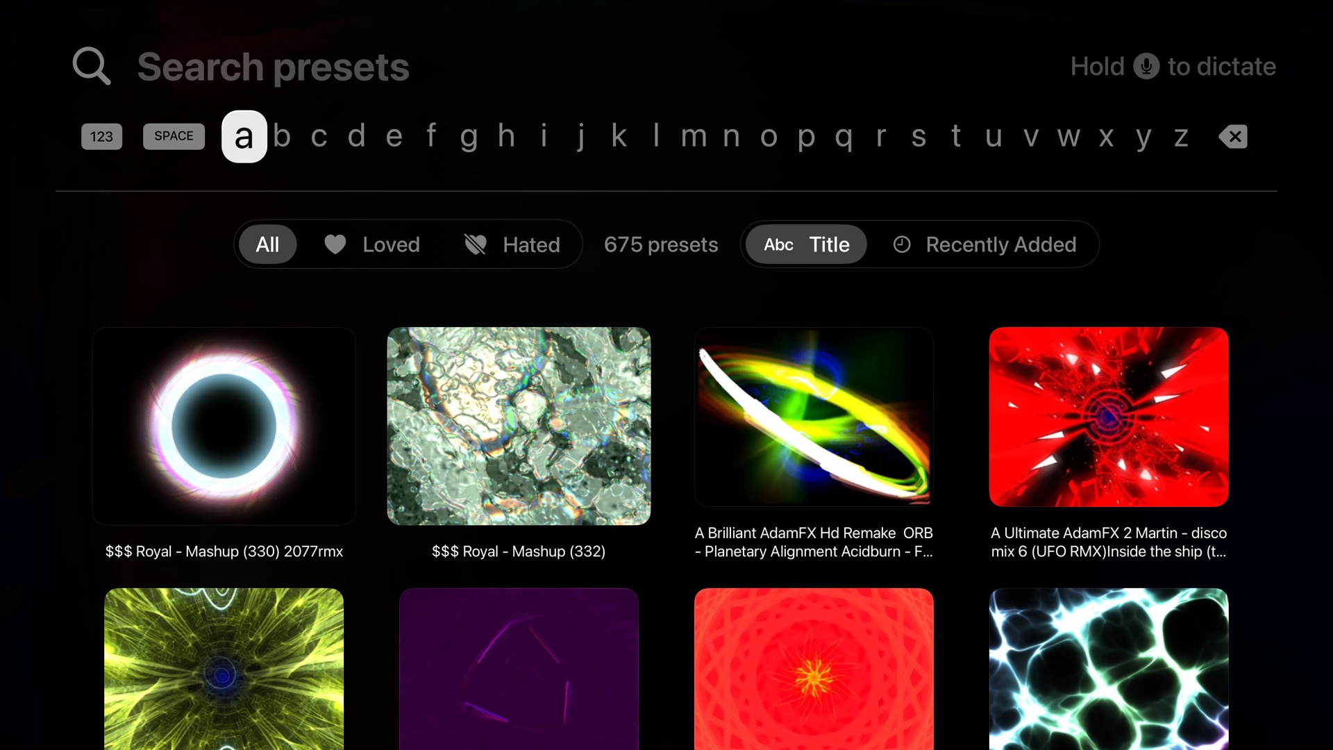 Visualizer preset browser with 675 presets, search, love/hate filters